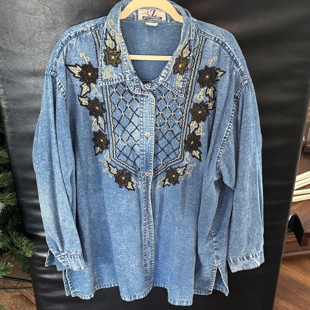 Vintage Denim Shirt with Floral Design